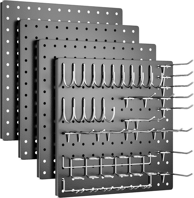 FZK Peg Board, 4 Pack Metal Pegboard Kit,Black Pegboard Wall Organizer with 32 Pcs Hooks, Peg Board for Walls Home, Garage Tool Storage, Office Organization, Kitchen, Craft Room - Image 1